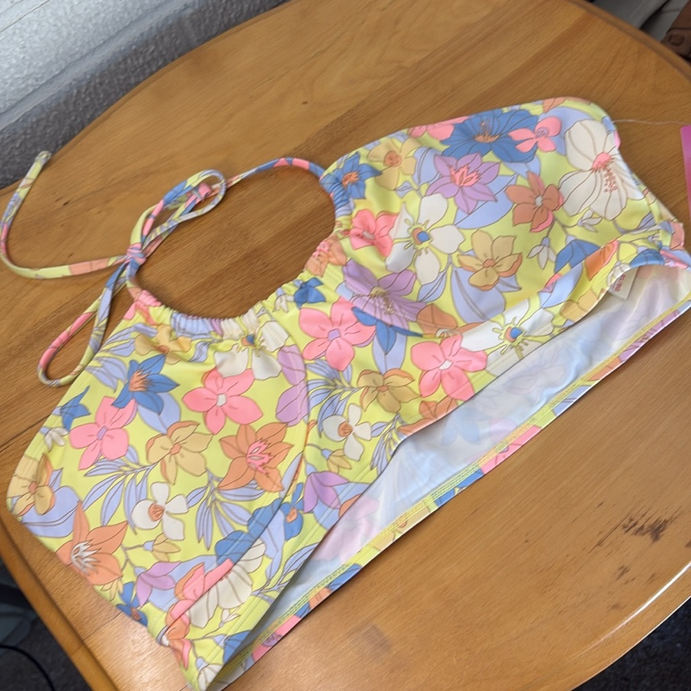 Ninety-Nine° Junior's XL Yellow Floral Print High-Neck Crop Swim Top Halter NWT - Picture 8 of 8